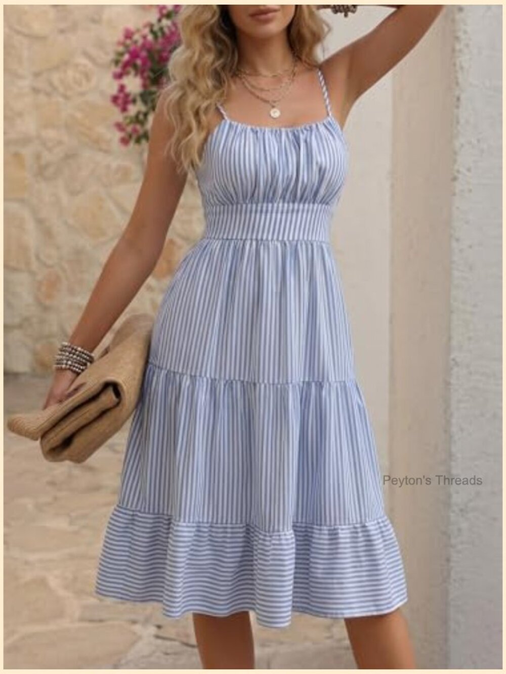 Striped Spaghetti Strap Mini Sundress, High Waist Ruffled - Picture 5 of 7
